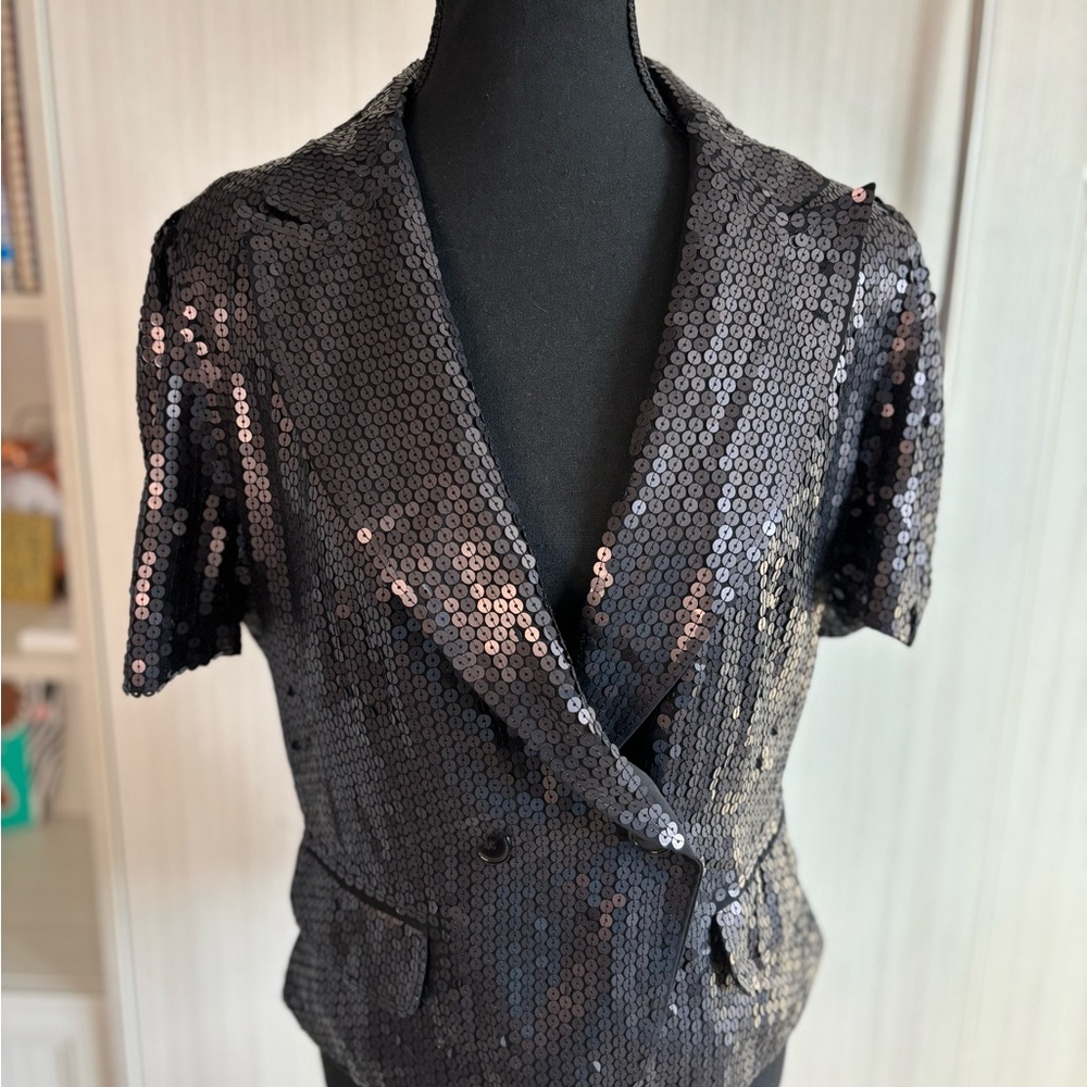 French Connection Chic Black Sequin Short-Sleeve Blazer Size 10